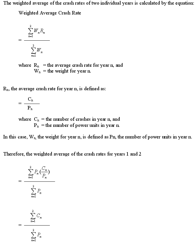 Various equations having to do with the weighted average of the crash rates of two individual years