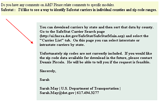 Example of a question submitted through the feedback form and the answer from A&I staff.