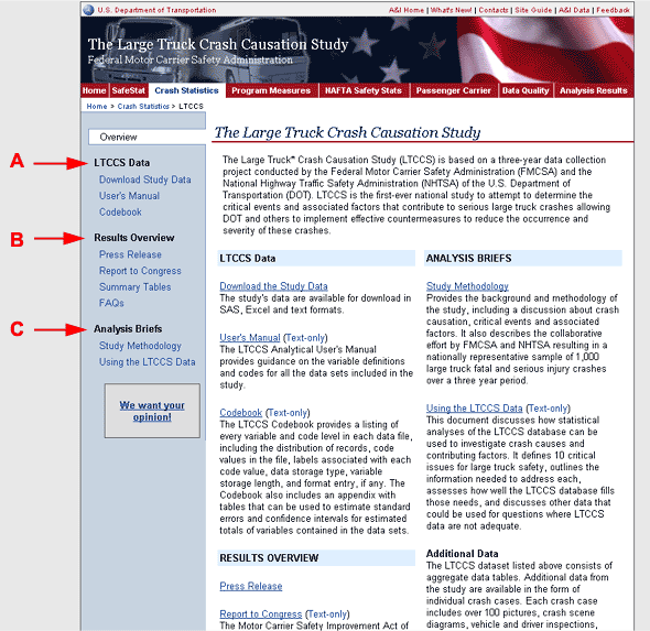 Large Truck Crash Causation Study (LTCCS) website, Home Page graphic