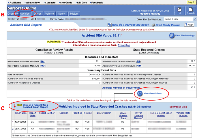 SafeStat Accident SEA report and links shown to the Detailed Crash and Inspection Reports