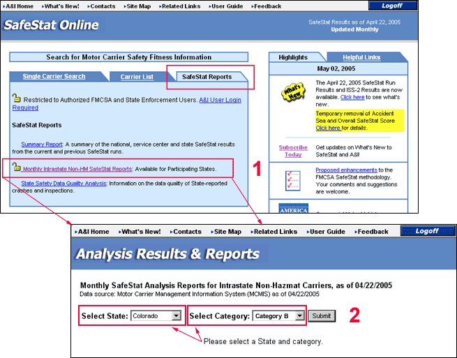 Illustration of selection of SafeStat Reports for Intrastate Non-HM Carriers on A&I website