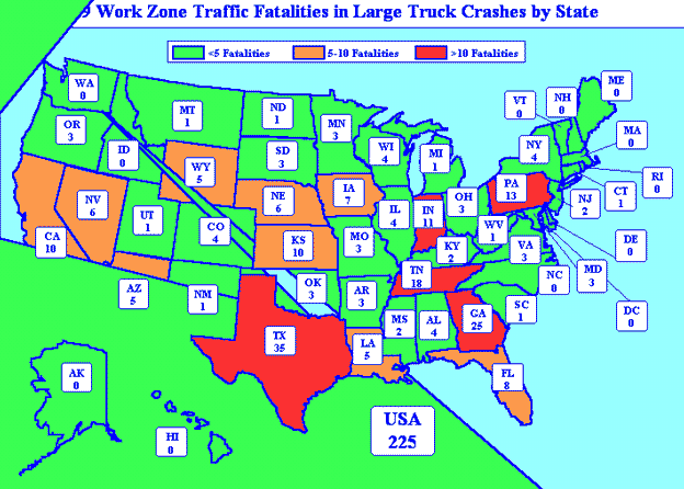 1999 Work Zone Fatalities in Large Truck Crashes by State