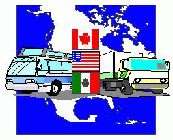 Safety Week Logo, truck and bus with globe behind it, flags of America, Canada, Mexico