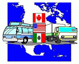 Graphic of a truck and bus with the globe behind them and pictures of the American, Canadian, and Mexican flags